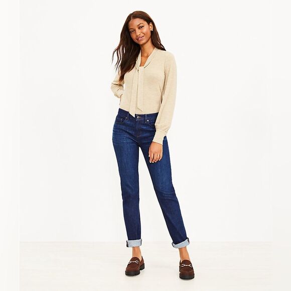 LOFT Jeans Women's 6P High Rise Girlfriend Indigo Dark Blue Stretch Denim Preppy - Picture 1 of 9